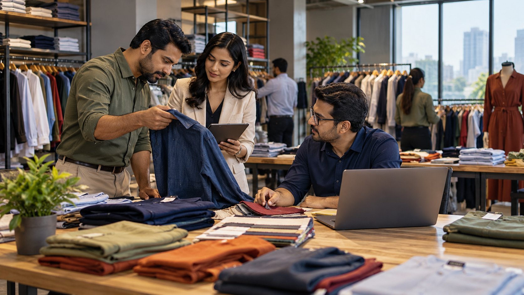 Man holds up a blue shirt to two colleagues at a table of stacked folded clothes