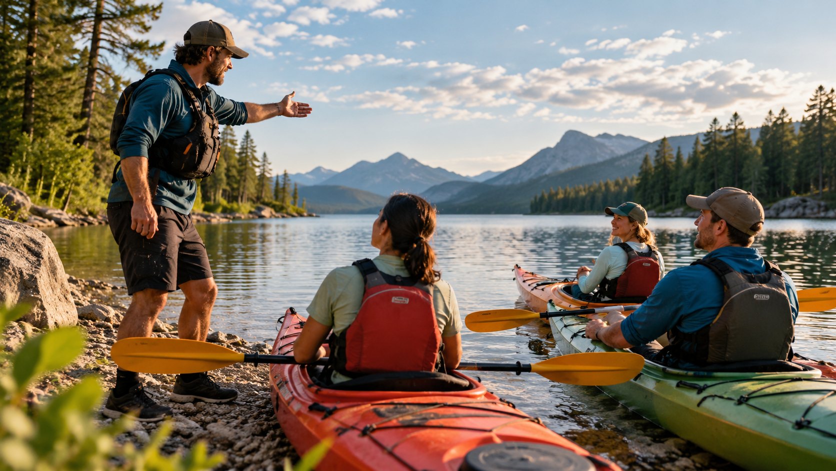 Man on a shore briefing three seated paddlers in kayaks, pines and mountains across the water