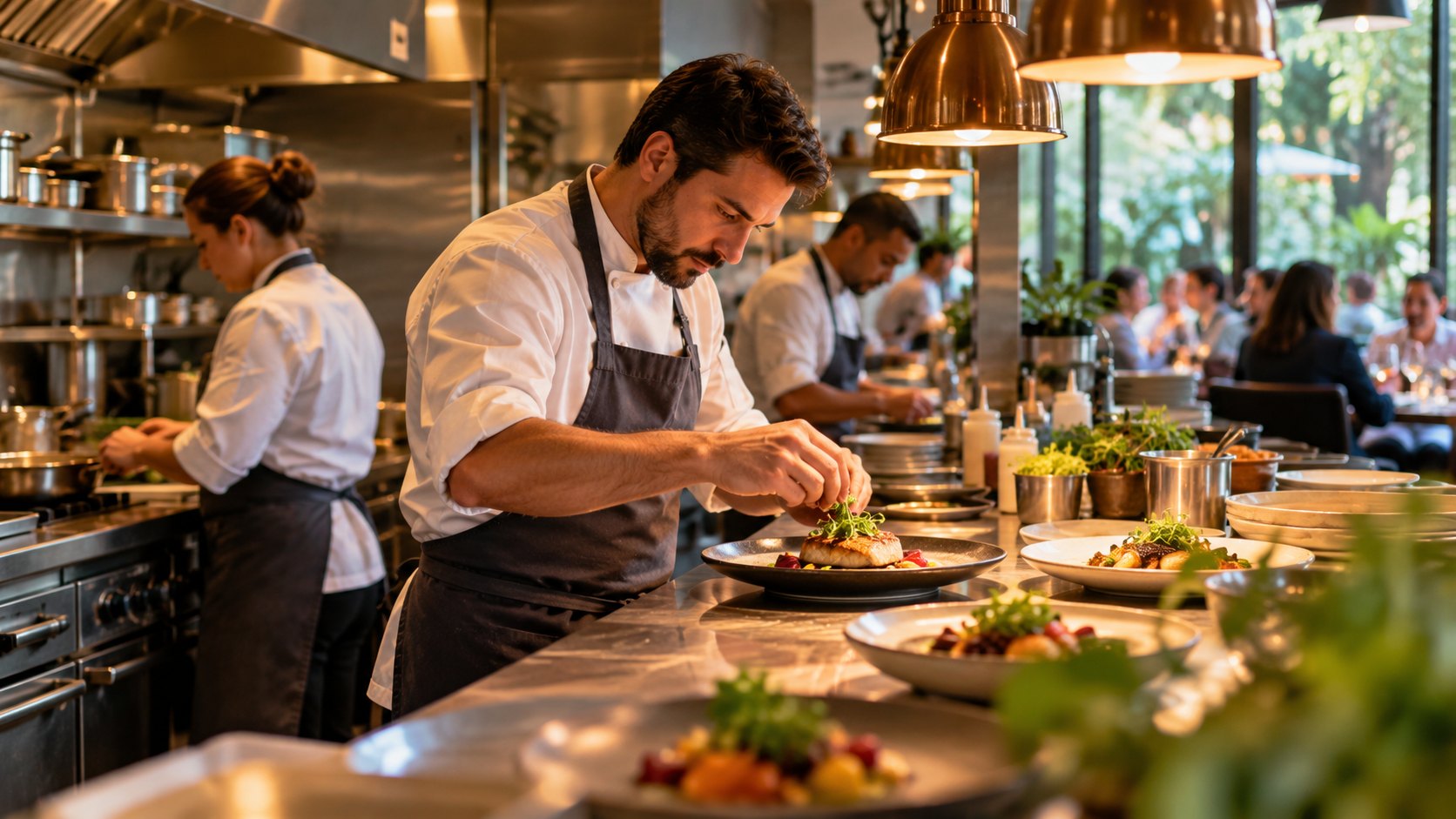 Chef plating food under copper heat lamps while a second cook works at the range behind