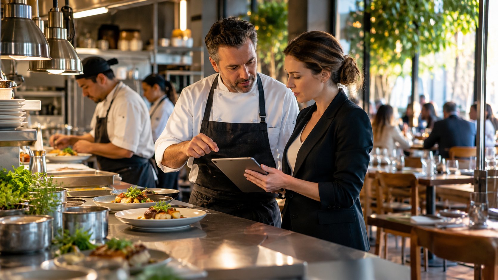 Bearded chef in apron shows a tablet to a woman beside plated dishes at the pass