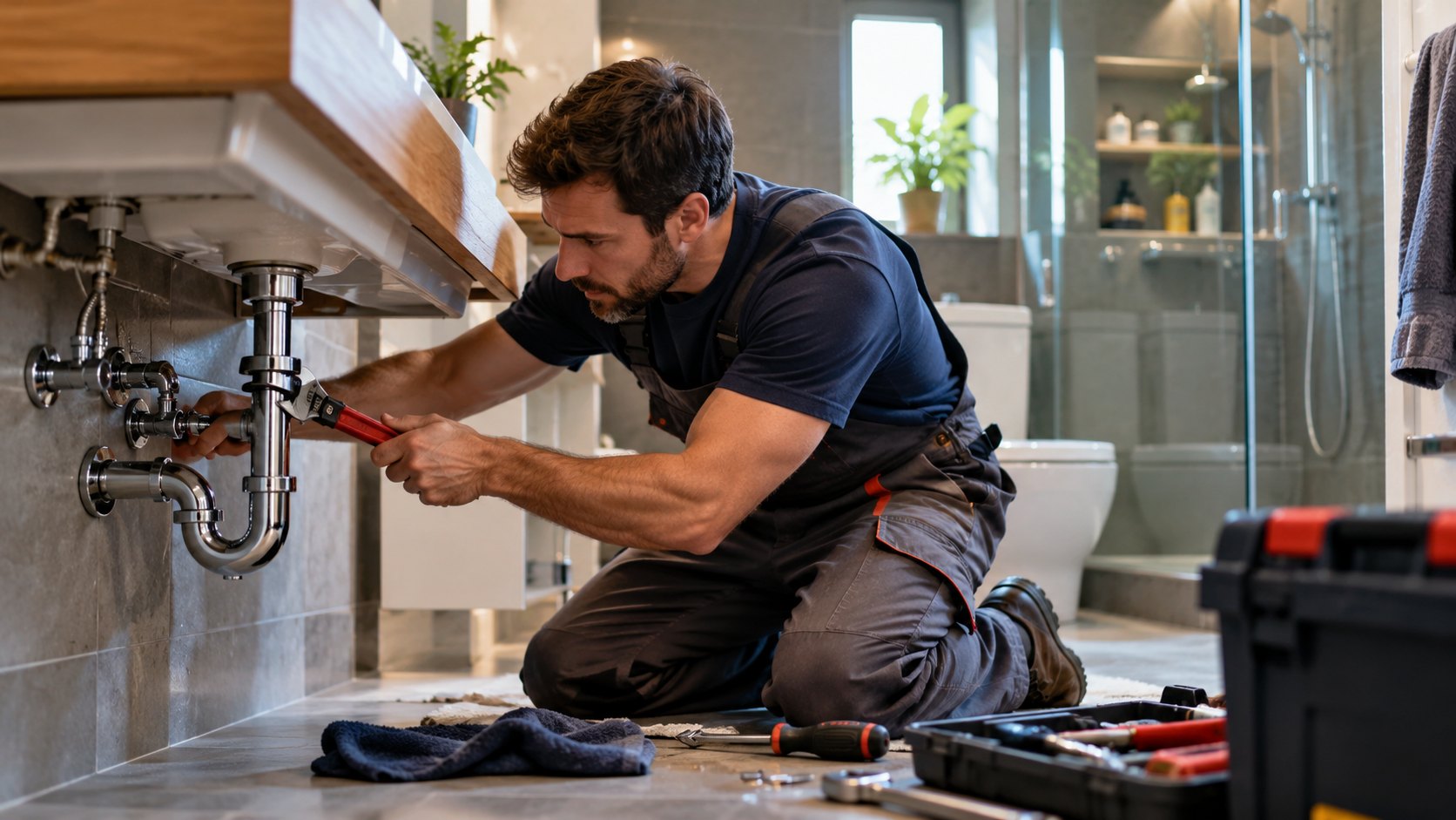 Kneeling man turns a red-handled wrench on pipework beneath a basin, open toolbox on tiled floor