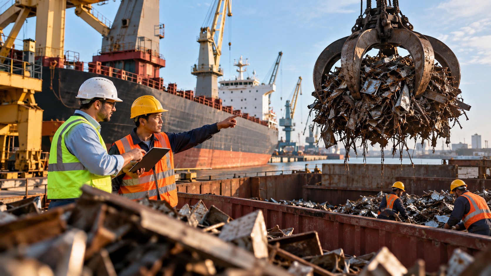 Two men in hi-vis watch a grab claw drop scrap into a ship's open hold