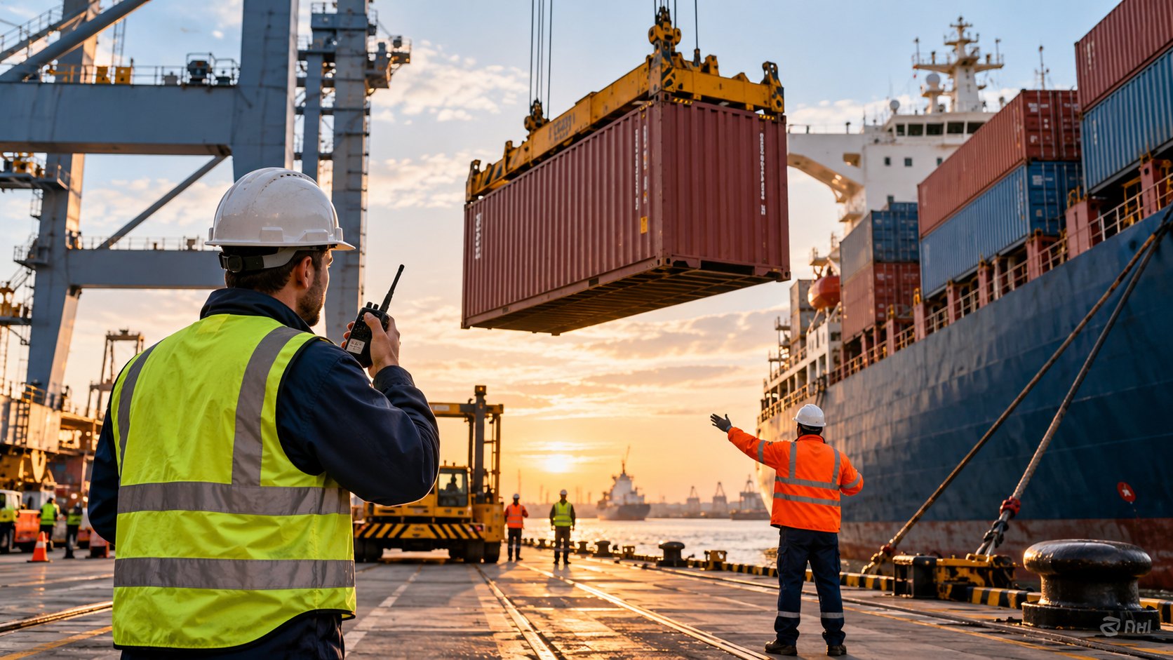 Man with a radio watches a red container swing overhead while a colleague signals the crane