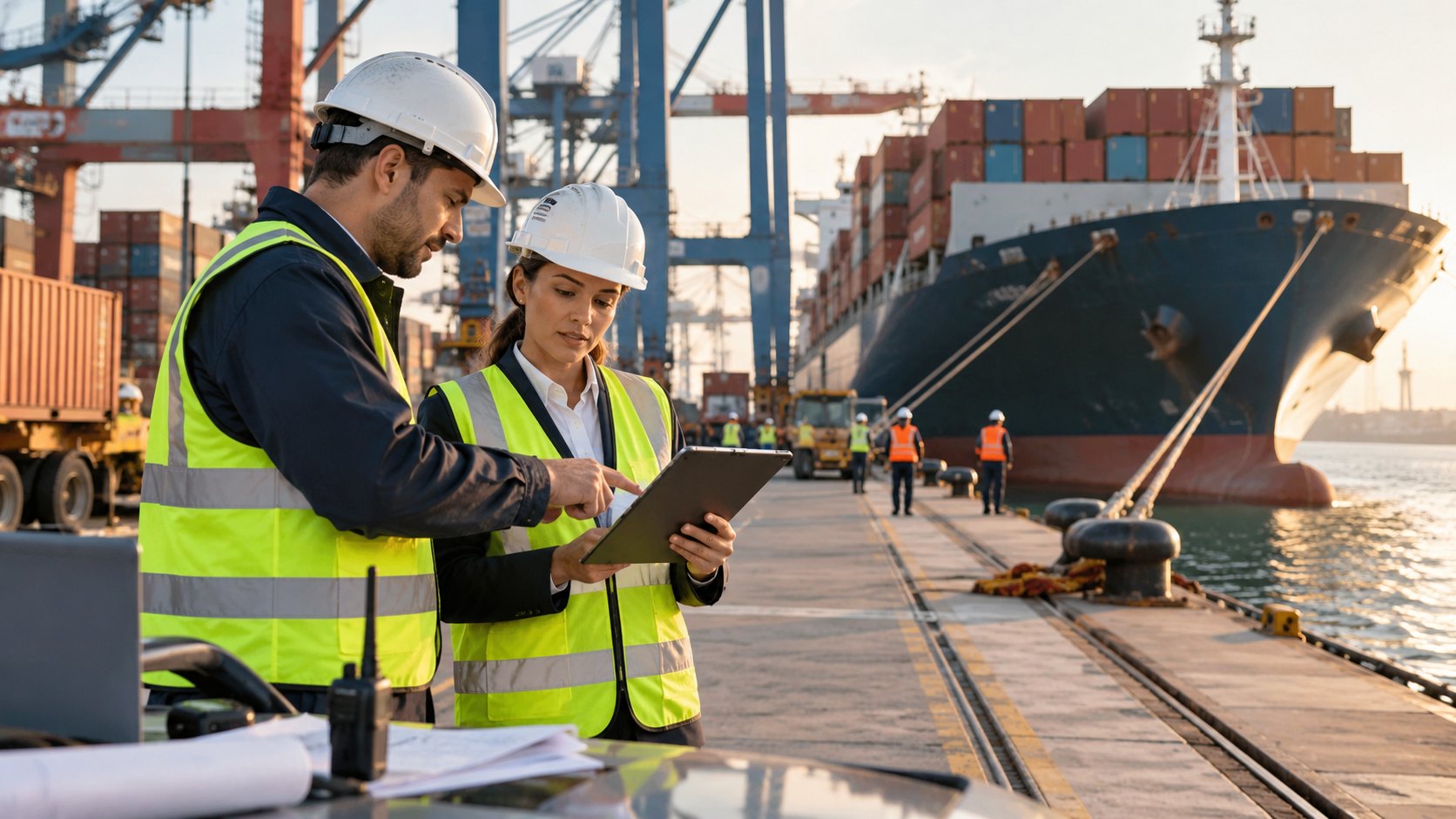 Man and woman in hi-vis fill in a tablet on a quay beneath a ship's bow