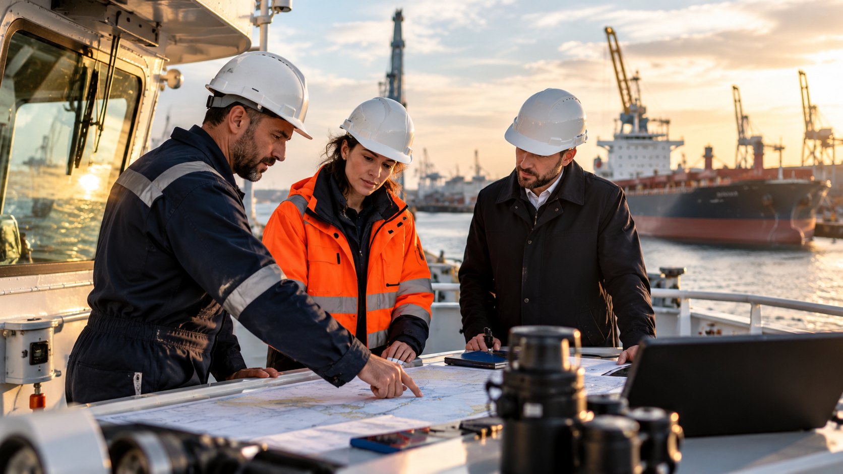 Three people in helmets lean over charts spread on a deck table, harbour cranes beyond
