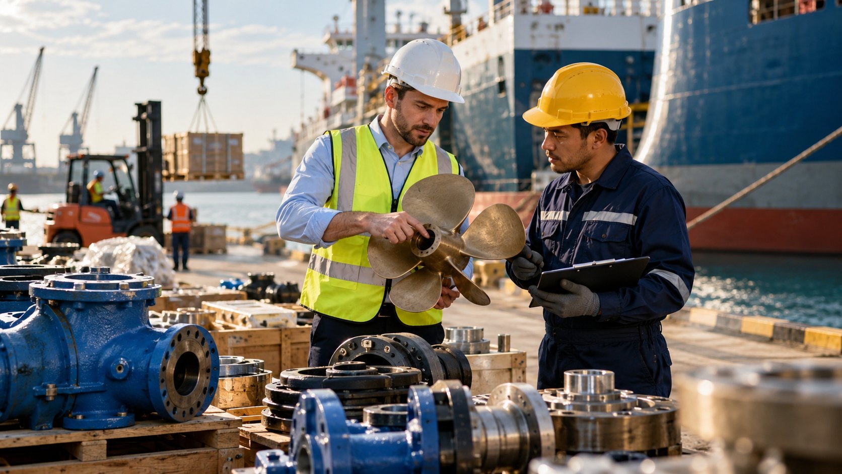 Man in hi-vis holds a bronze propeller while a colleague records details, flanges stacked on pallets