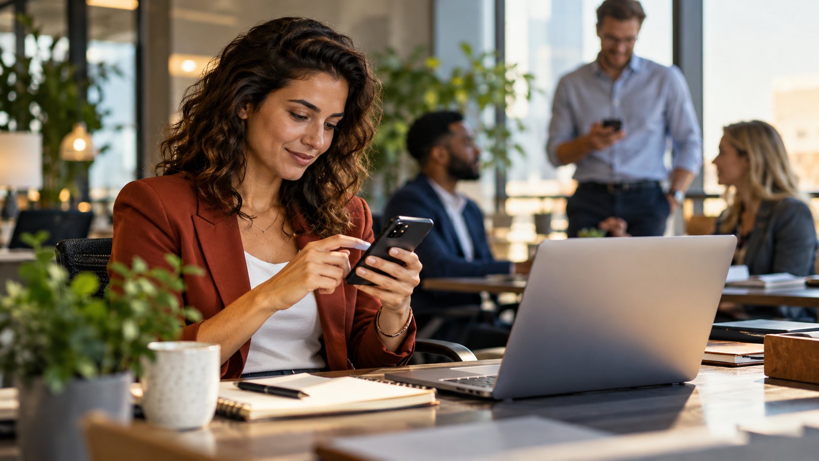 Woman in a rust blazer taps her phone beside an open laptop, notebook and cup