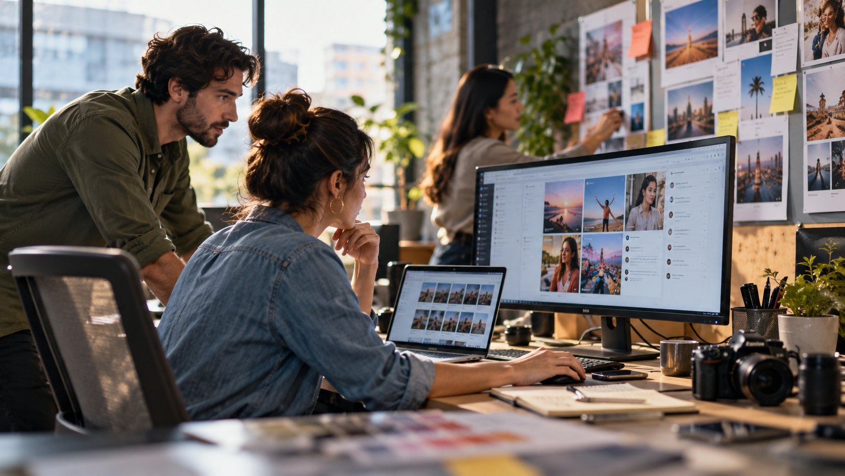 Woman at two monitors of image grids, man leaning over her shoulder, prints pinned behind