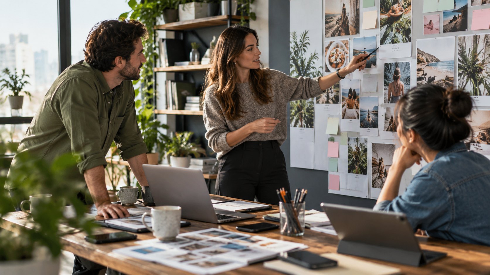 Woman points at a wall of pinned photographs and sticky notes as two colleagues watch