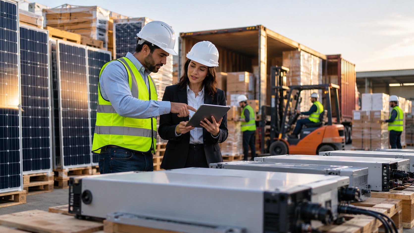 Man and woman in hard hats read a tablet between stacked panels and white cabinet units