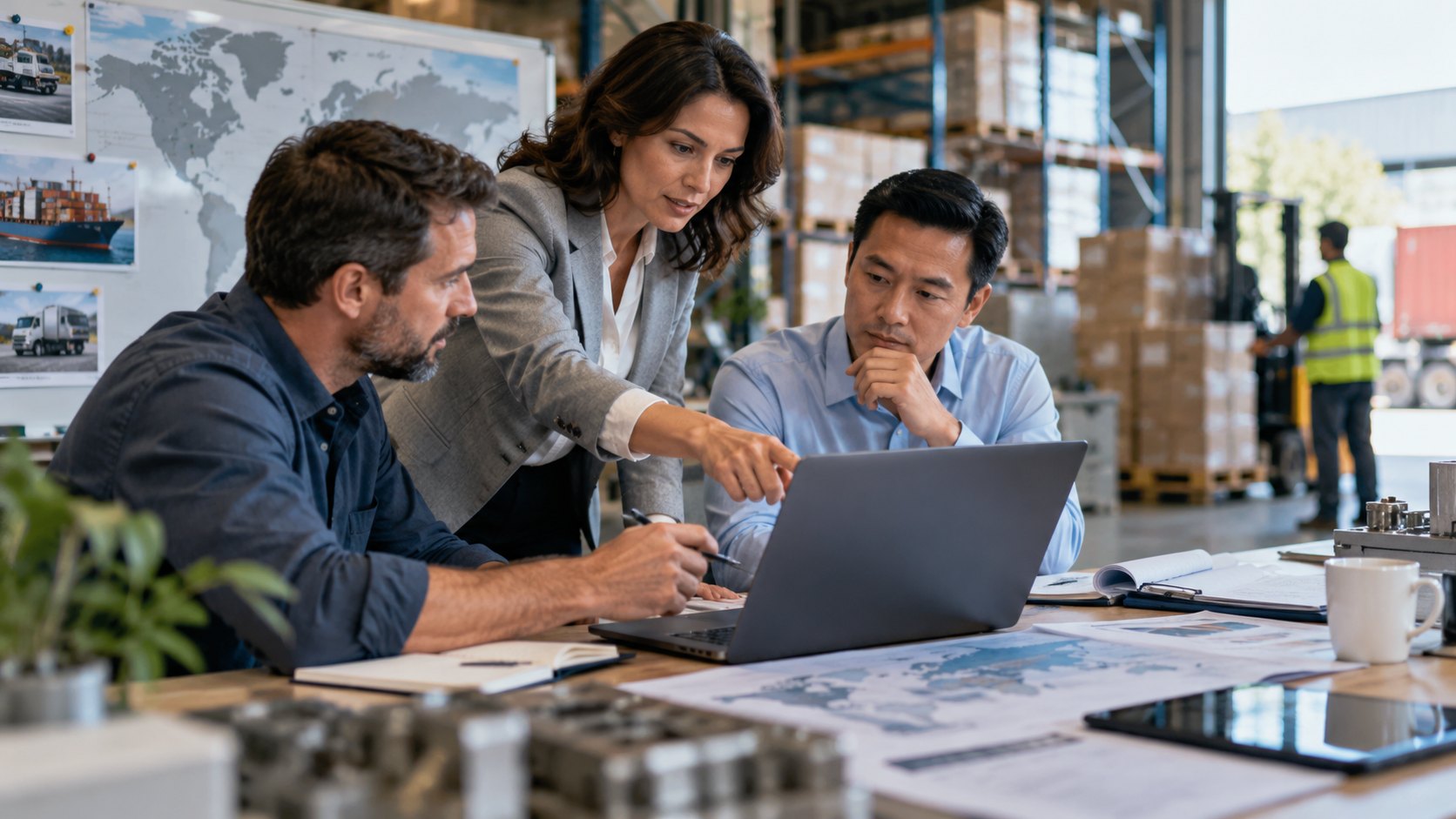 Woman points at a laptop for two seated men, wall map and warehouse racking behind them