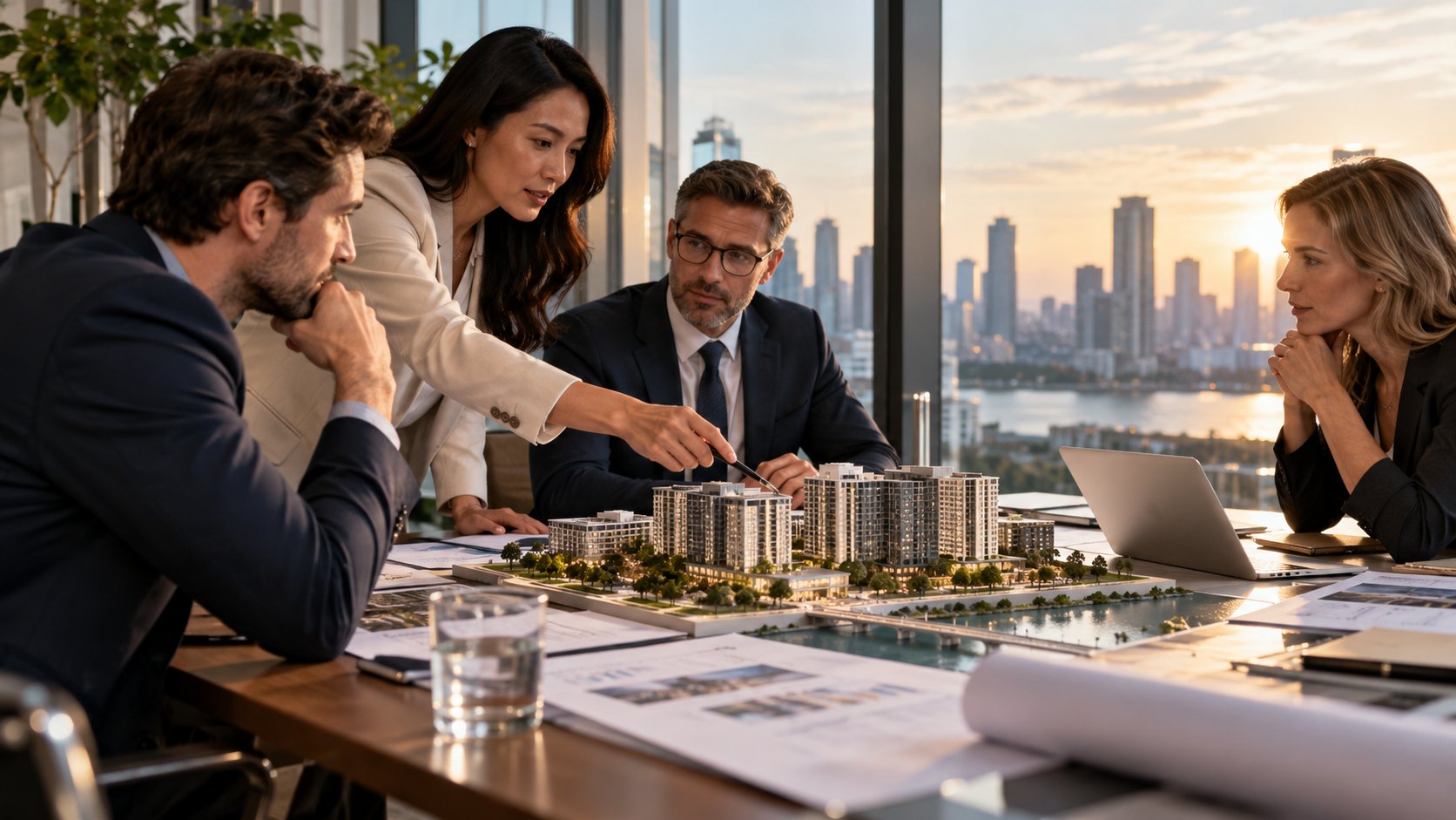 Four people lean over a scale model of apartment towers with drawings and a laptop beside