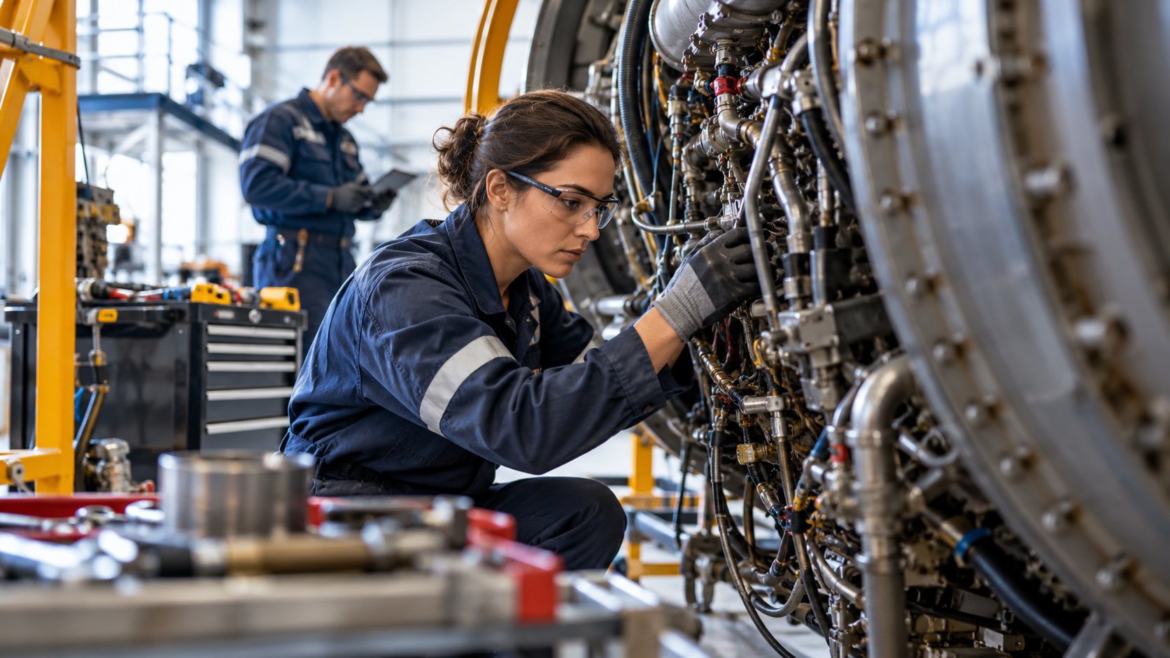 Woman in overalls and safety glasses works into dense pipework on an engine inside a workshop