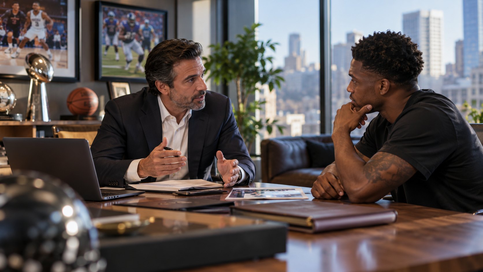 Man in a blazer talks across a desk to a young man, trophy and basketball behind