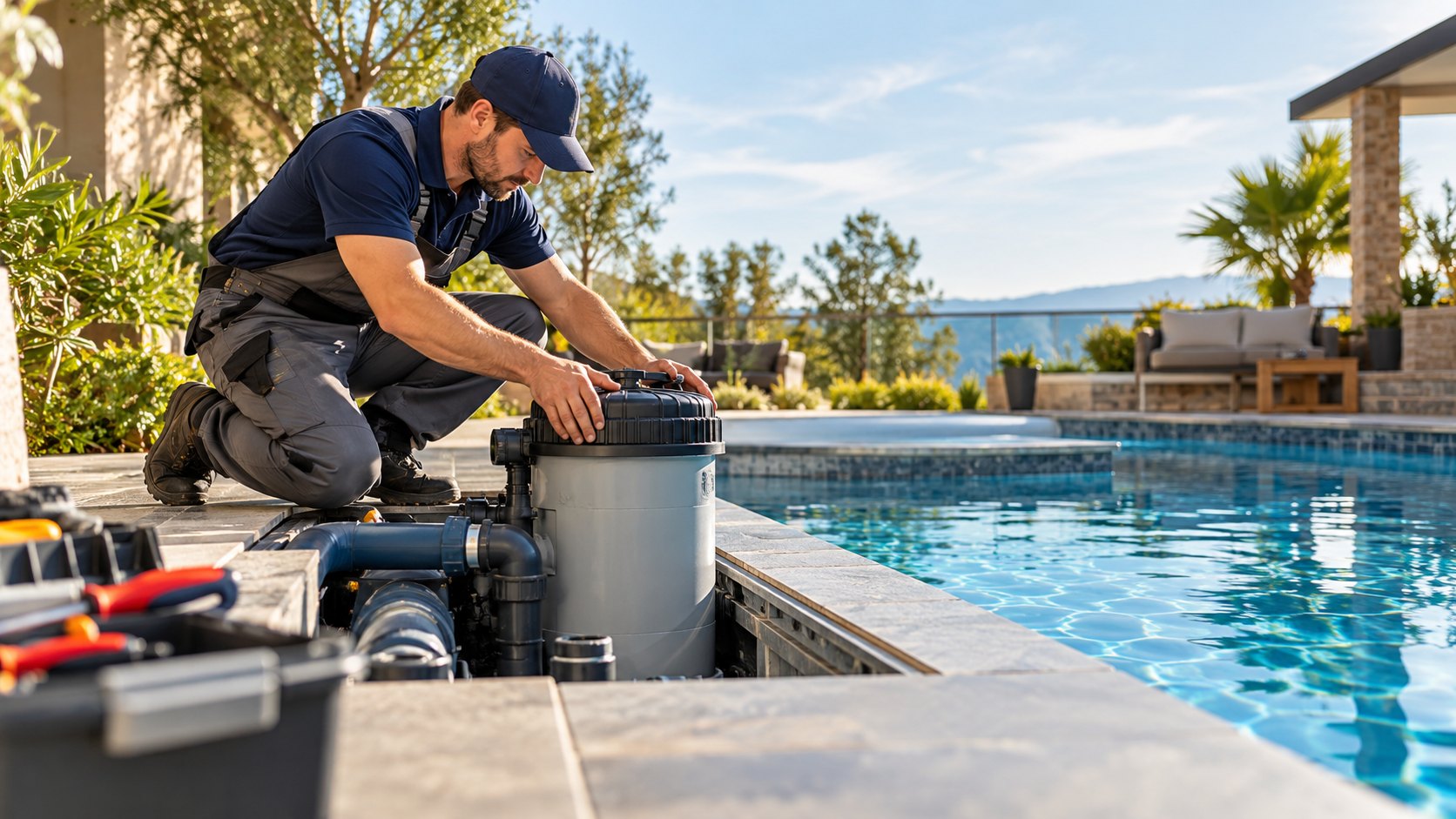 Crouching man opens a grey filter canister on paving beside blue water, pipes and tools nearby