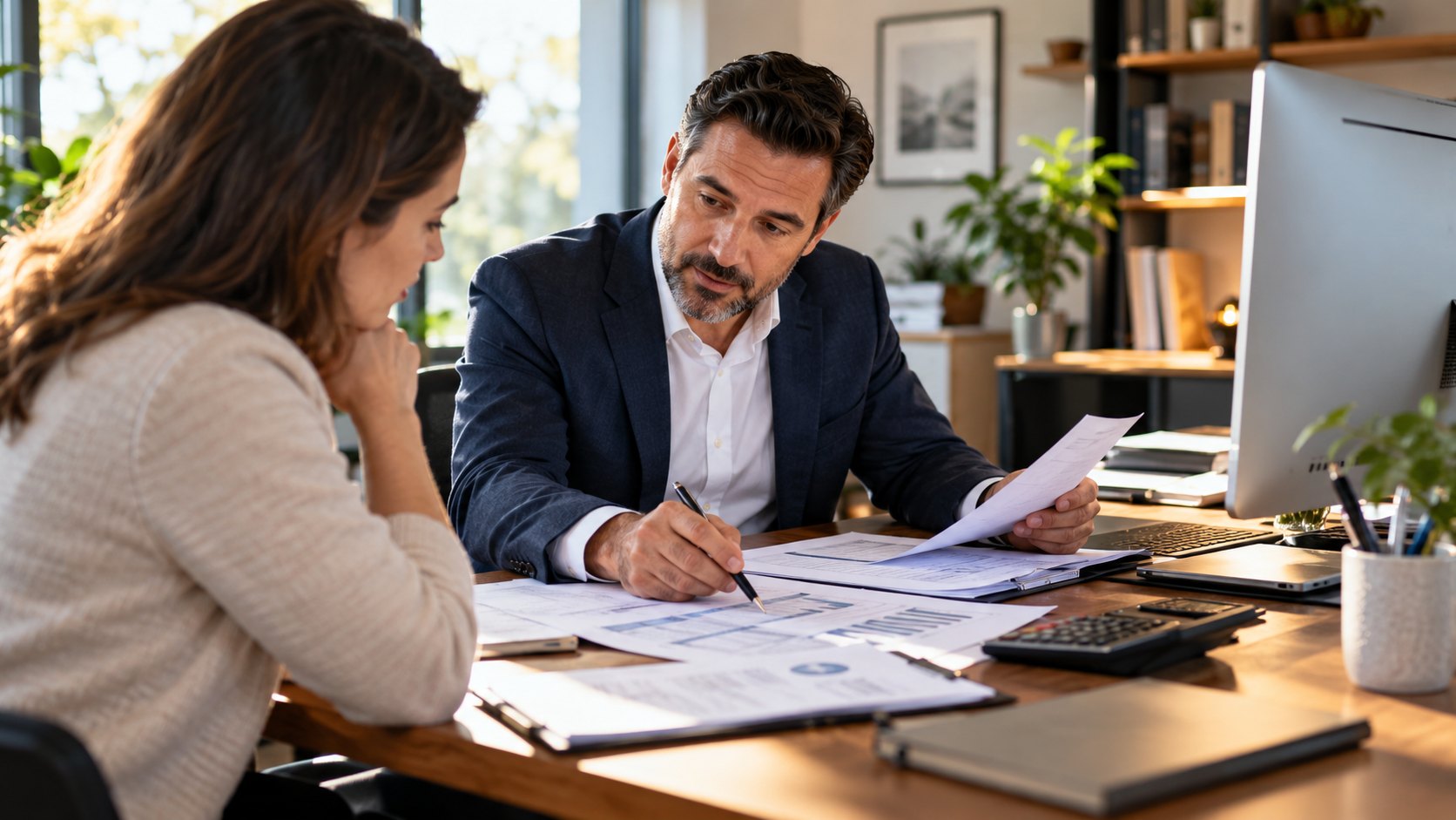 Bearded man writes while a woman sits opposite, papers, charts and a calculator on the desk