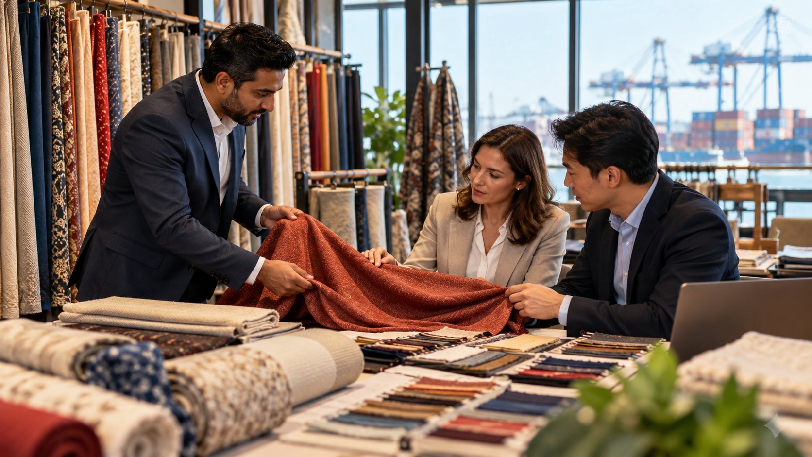 Man holds up rust-coloured cloth for two colleagues over a table of folded fabric and rolls