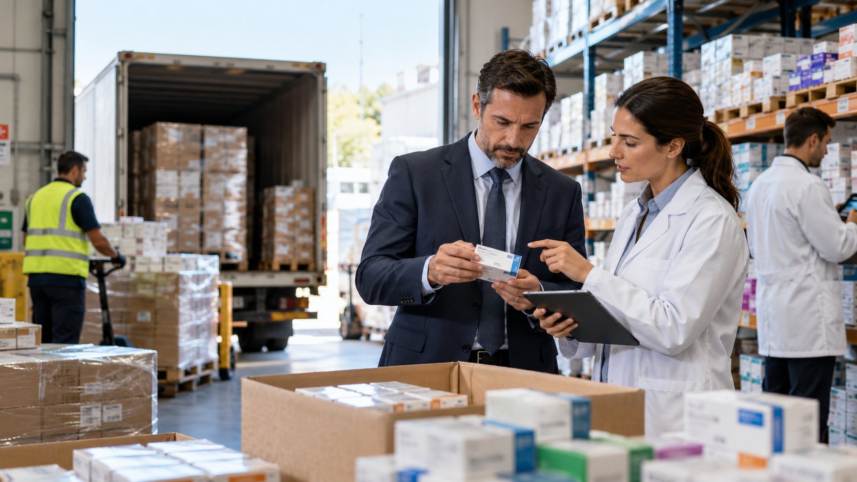 Suited man and lab-coated woman inspect a carton among boxed medicines beside warehouse racking