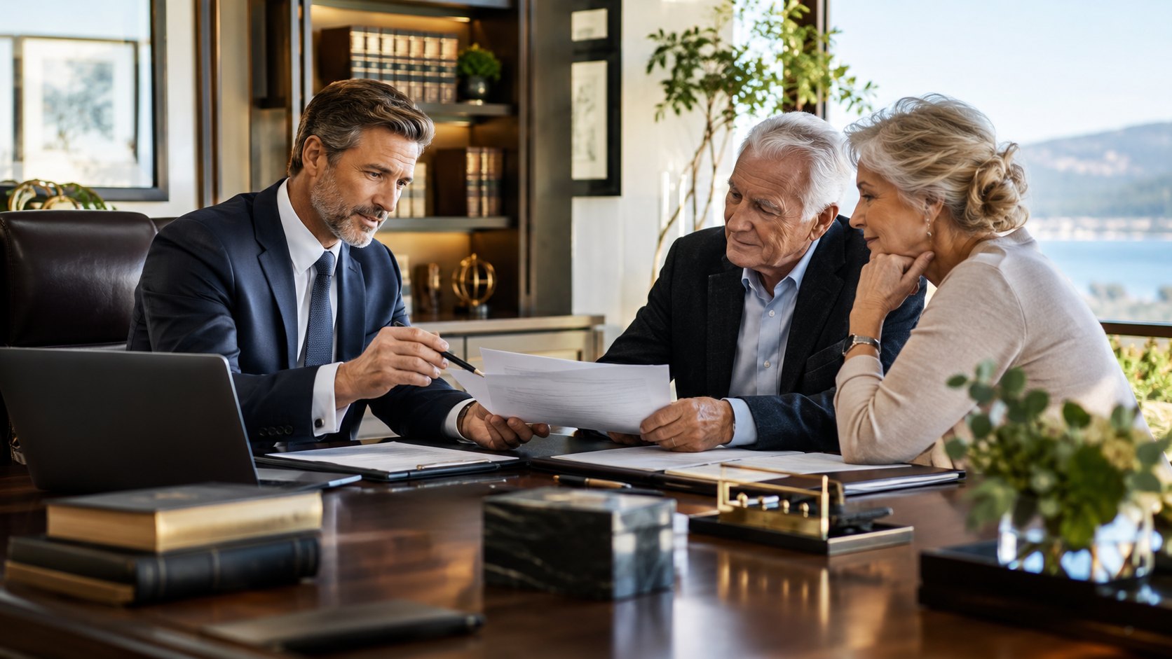 Suited man shows a printed document to an older couple across a desk, bound books nearby