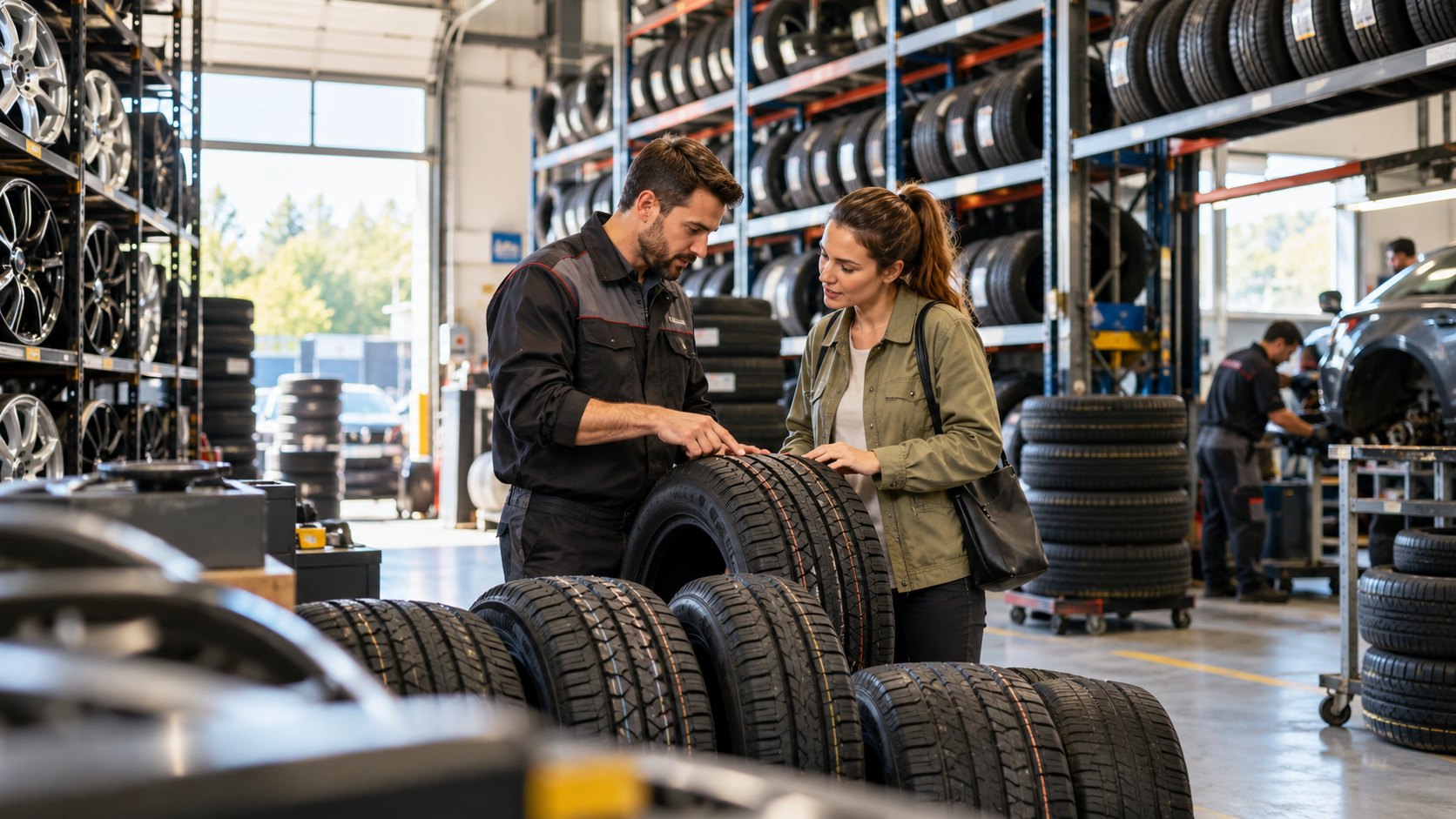 A man in overalls and a woman look over a row of tyres in a garage