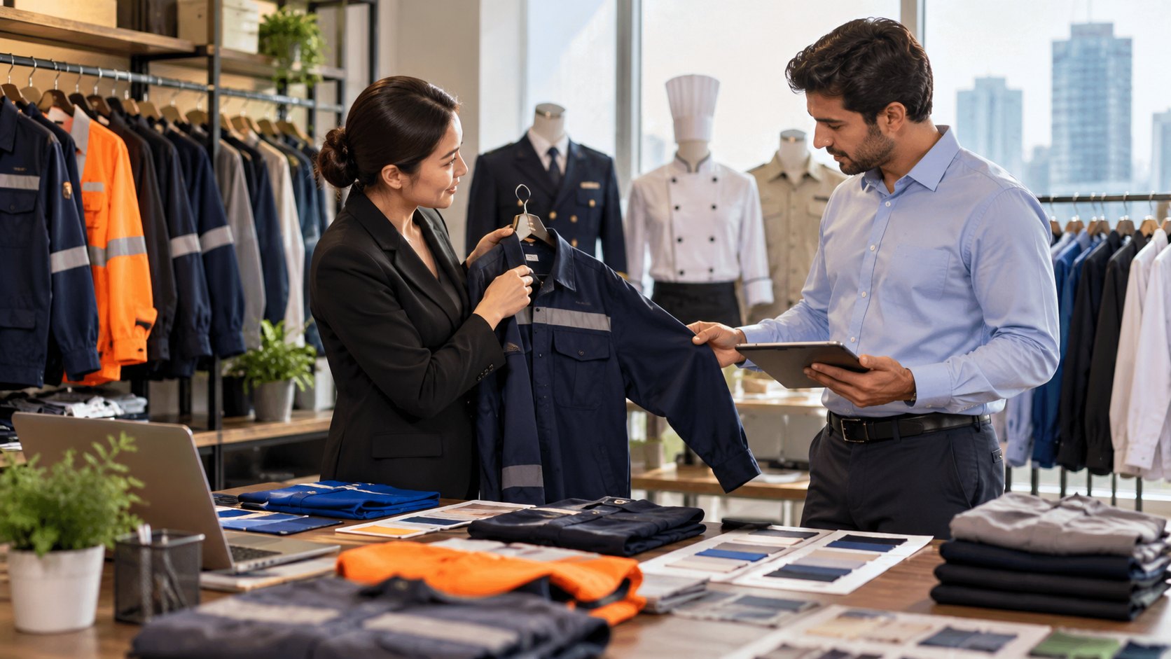 Woman shows a navy coverall on a hanger to a man holding a tablet