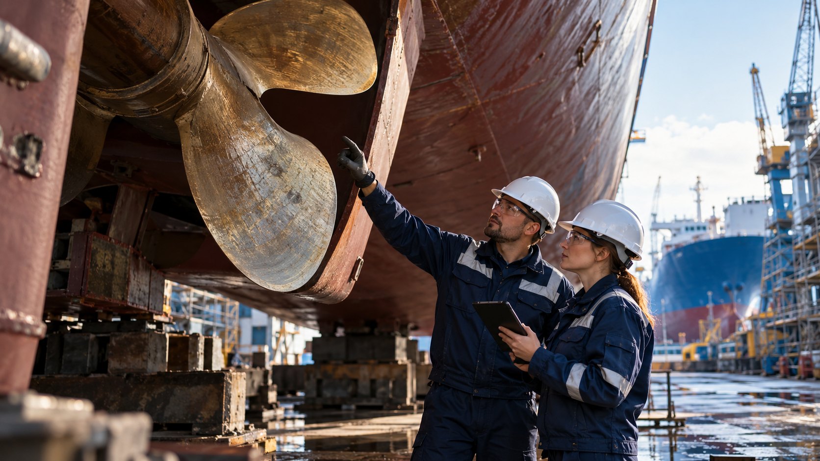 Man points up at a brass propeller under a hull in dry dock, colleague watching