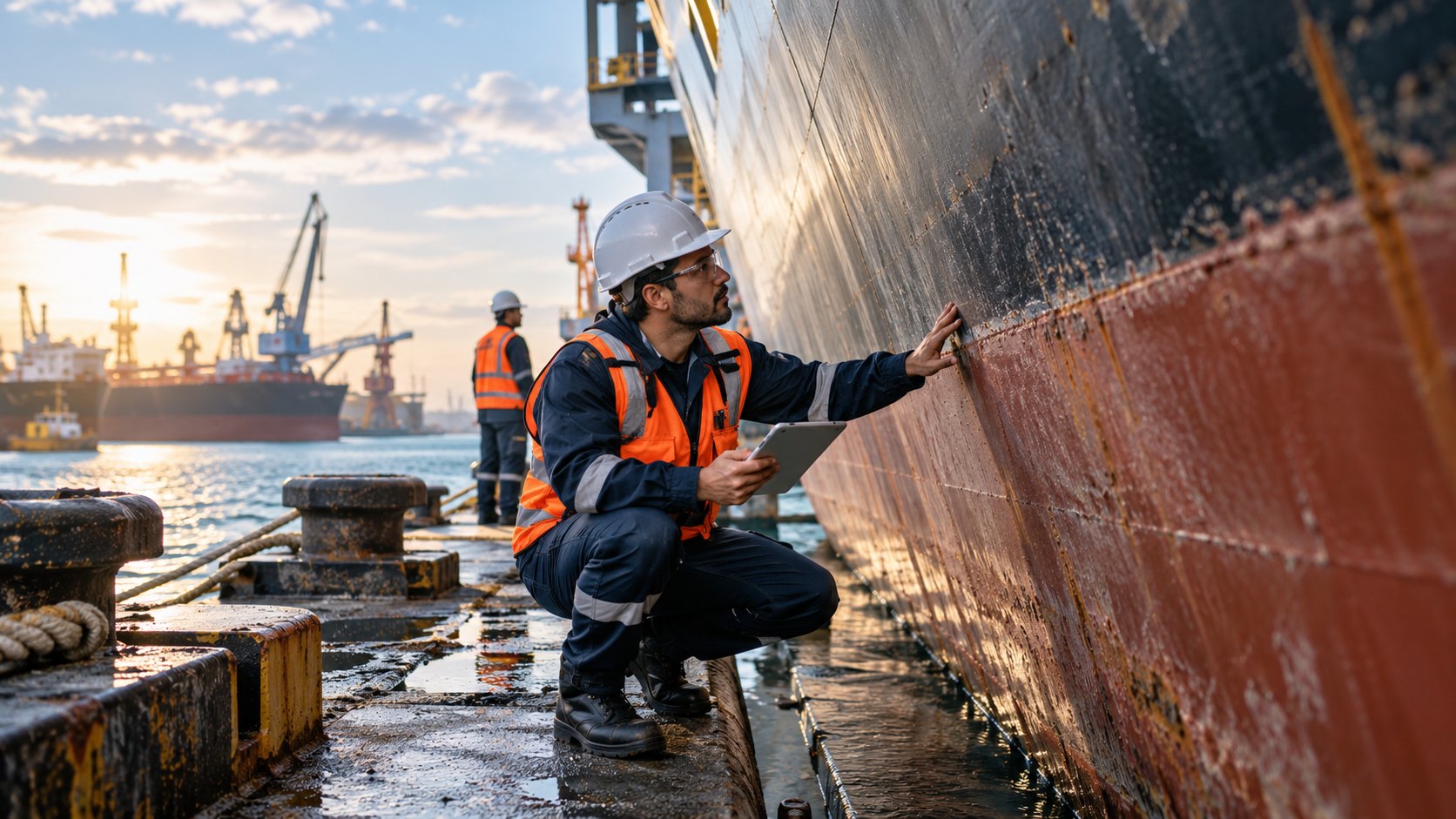Man crouches on a quay with a tablet, hand on a rusted hull above the water