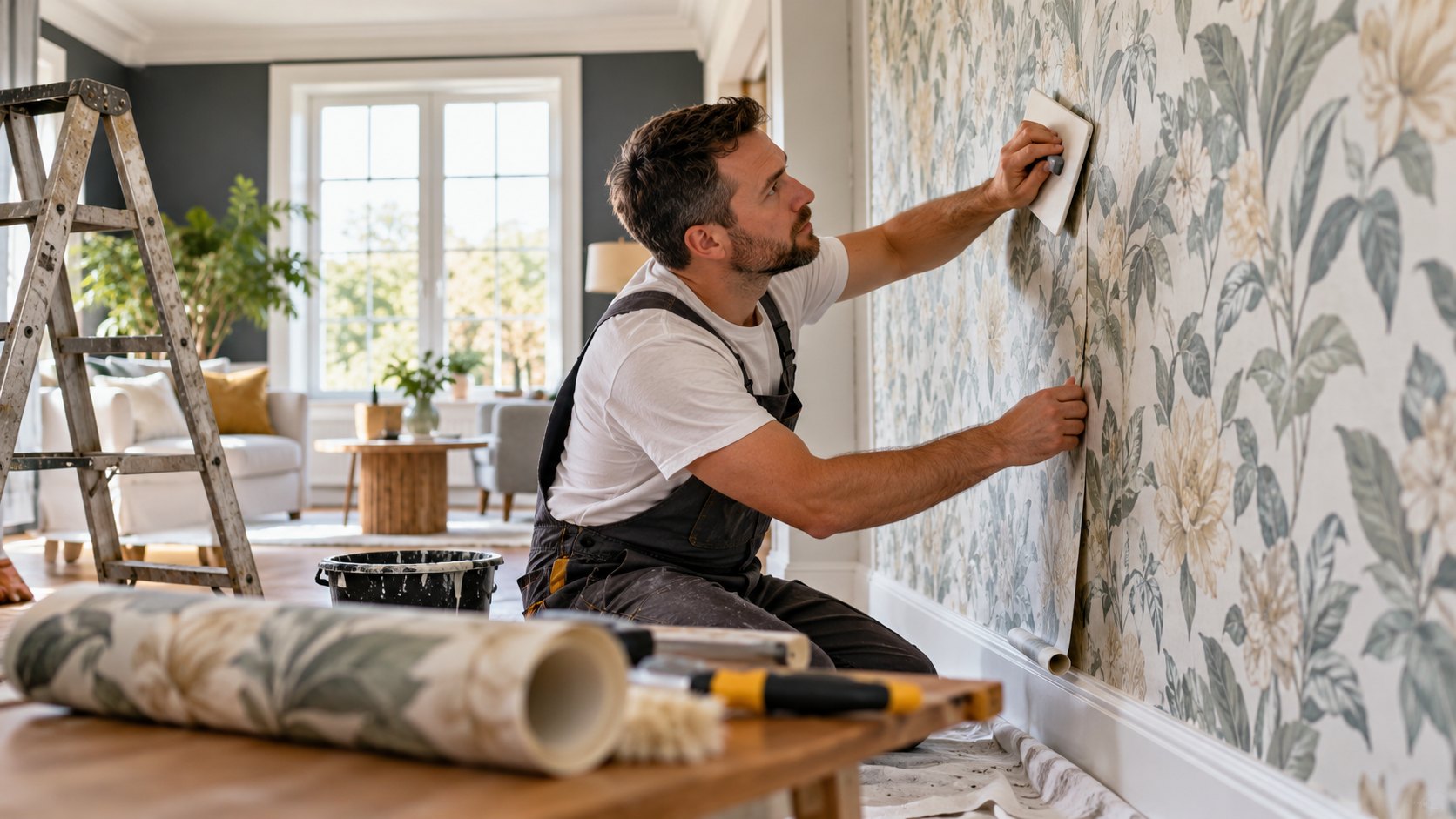 Man kneels smoothing floral paper onto a wall, rolls and tools on the floor beside