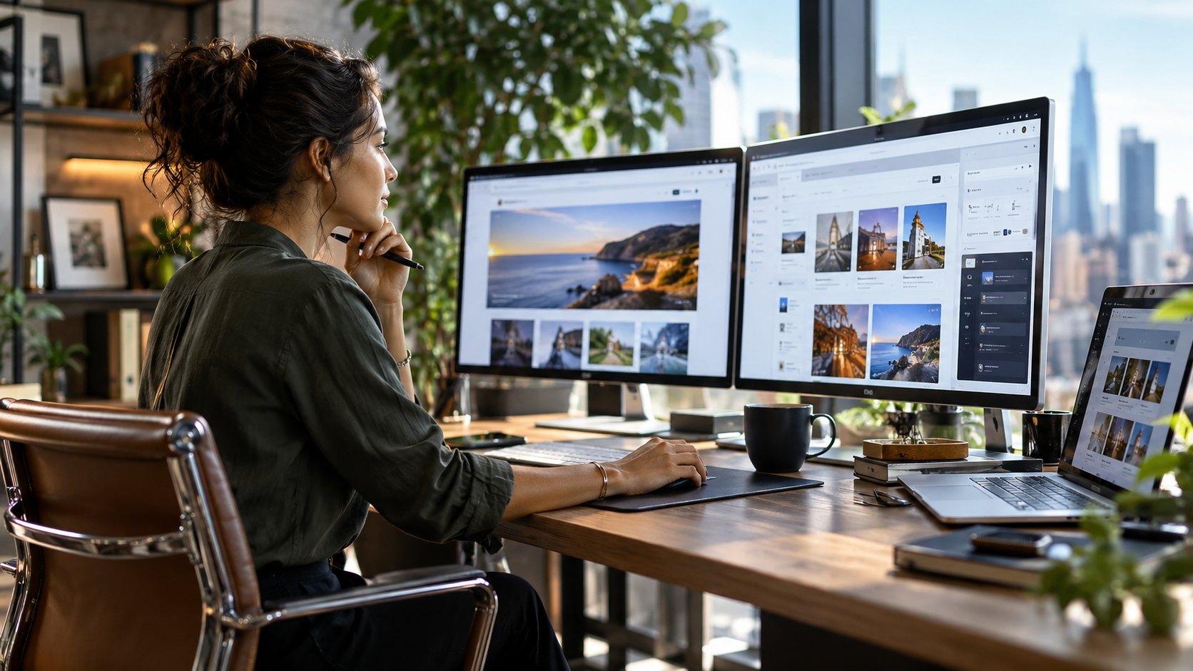 Woman at a desk facing two screens of photo listings, city towers through the window