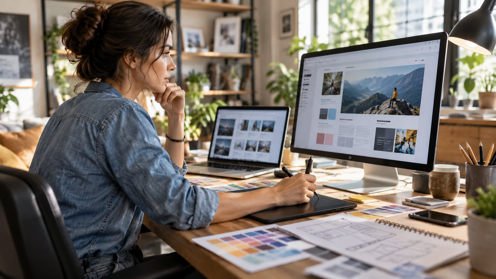 Woman works on a graphics tablet facing a monitor layout, colour swatches on the desk