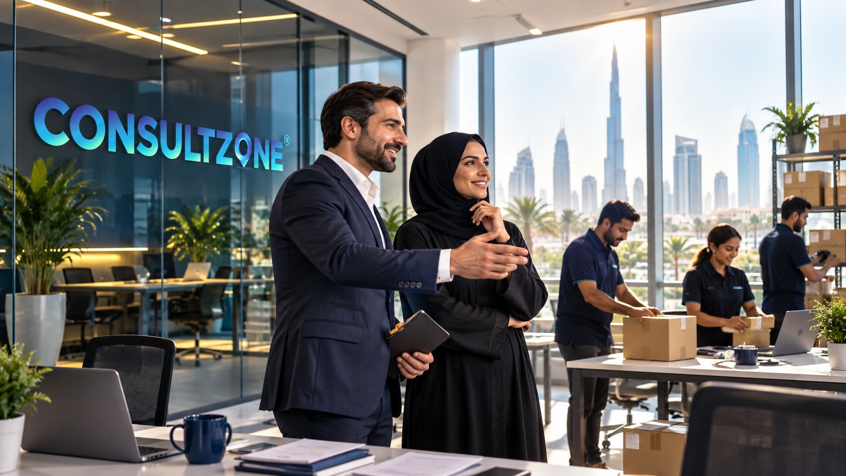 An adviser showing a client the working office floor while colleagues handle boxes at a desk