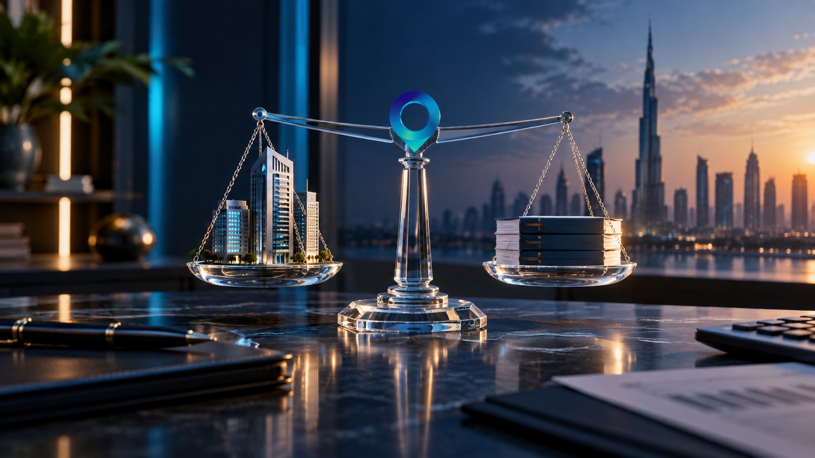 Glass balance scales weighing miniature towers against a stack of coins, city skyline beyond at dusk