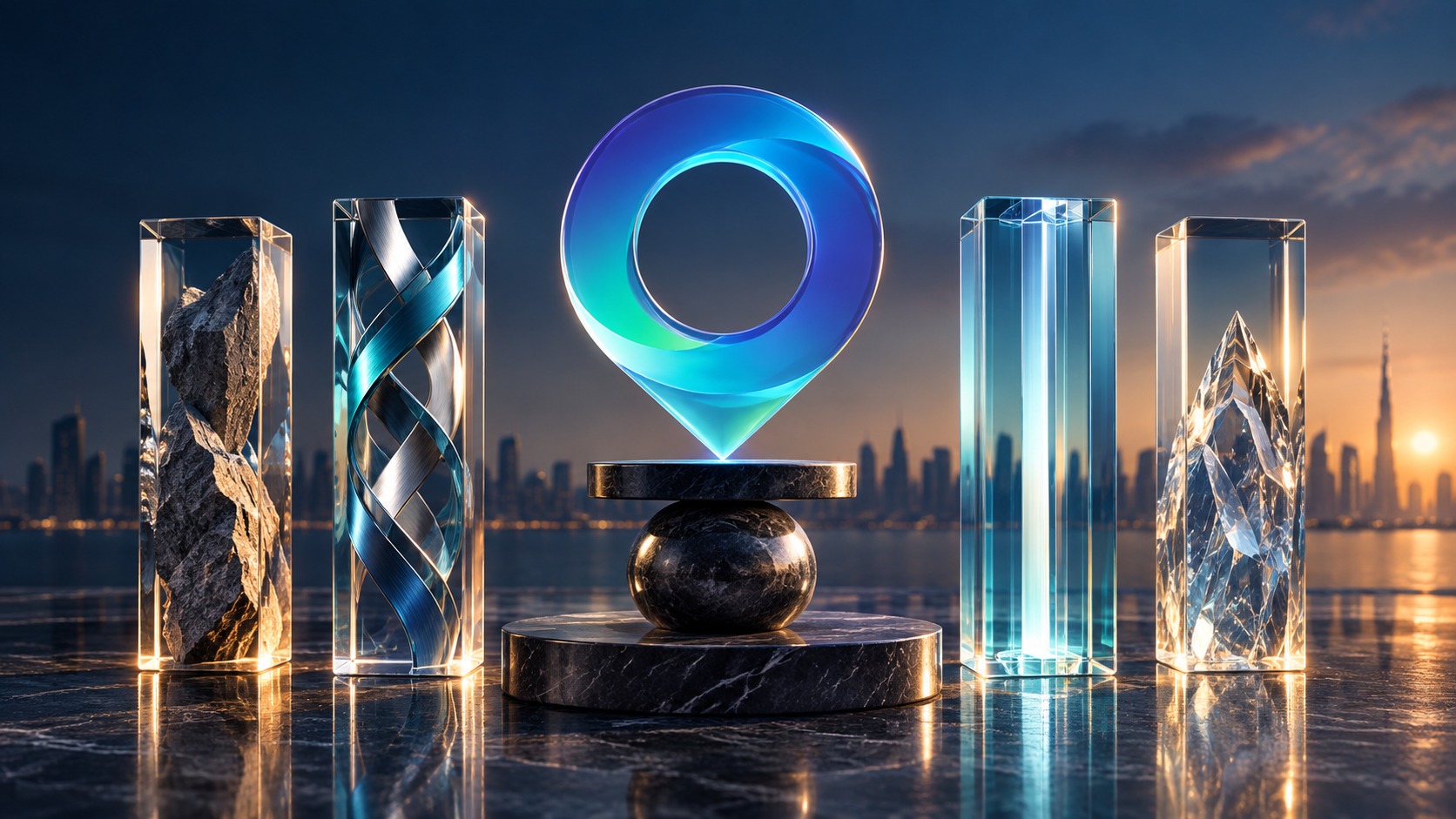 A luminous blue ring on a stone plinth flanked by four tall glass columns at dusk