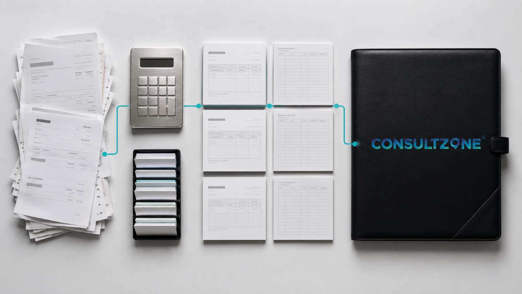 A flat lay showing loose paperwork, a calculator and sorted statements leading to a document folder