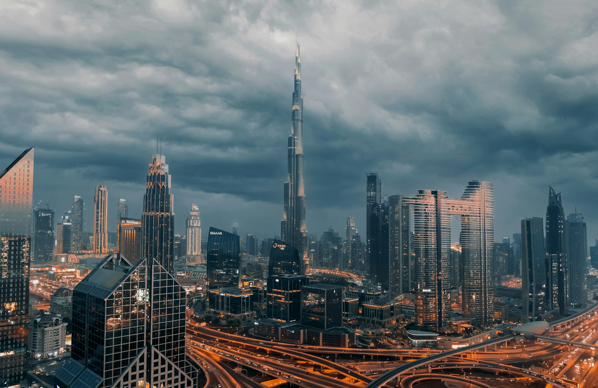 Storm light over the Burj Khalifa and Downtown Dubai