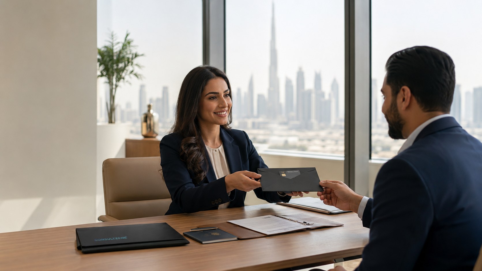 A consultant handing a client an envelope holding a bank card across an office desk