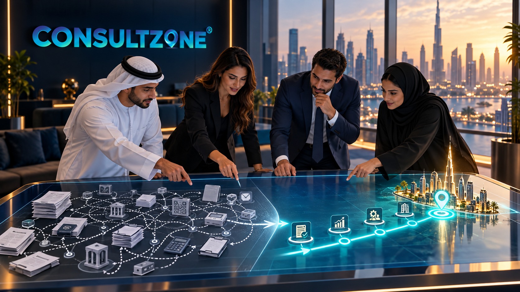 Four advisers around a lit table where a tangled diagram resolves into a clear city model