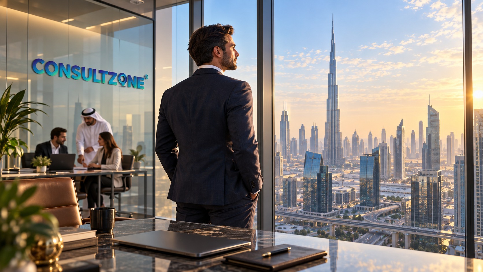 Man in a navy suit watching the Dubai skyline through office glass, colleagues working behind him