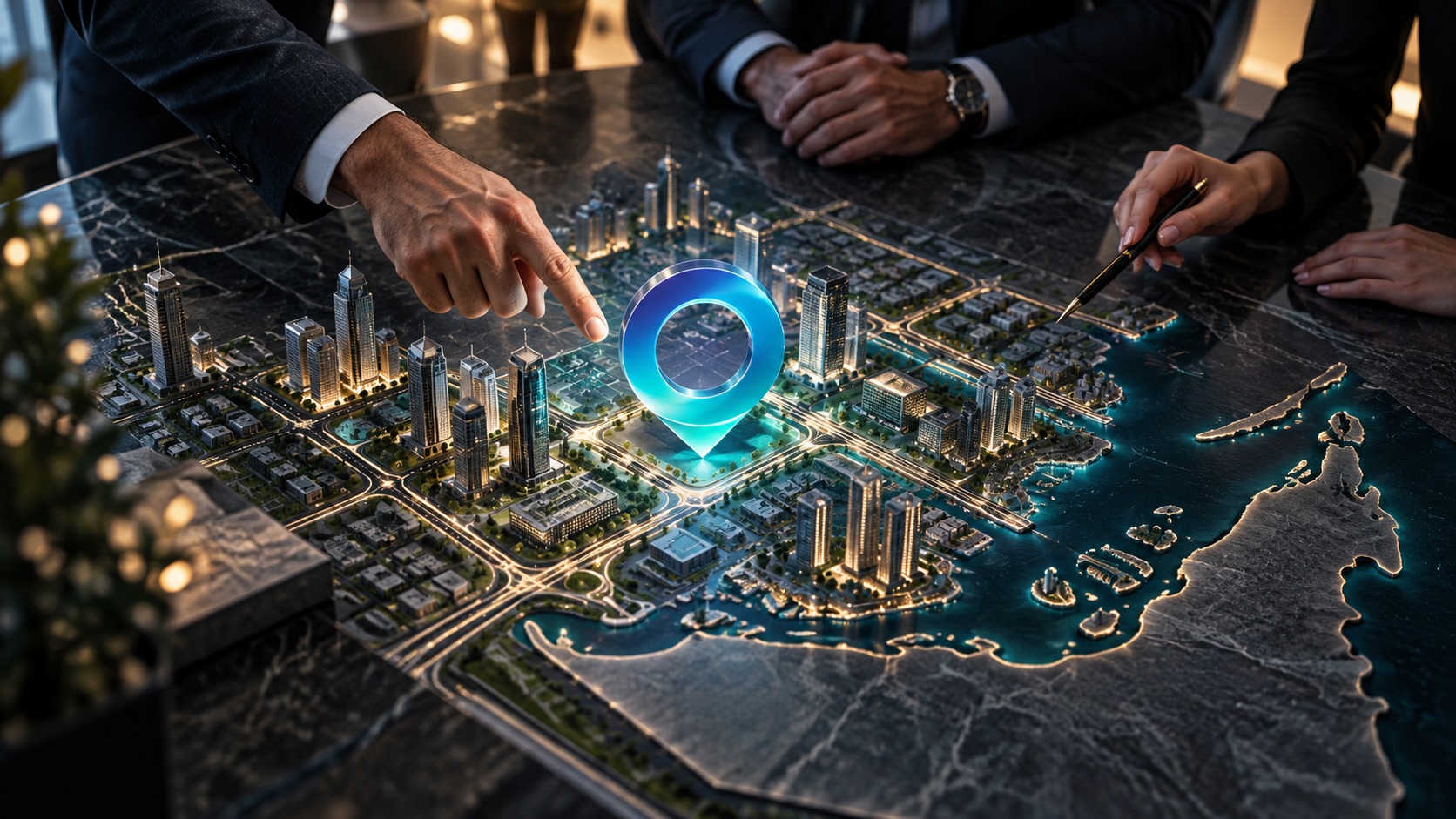 Hands pointing at an illuminated scale model of Dubai, a glowing location pin at its centre
