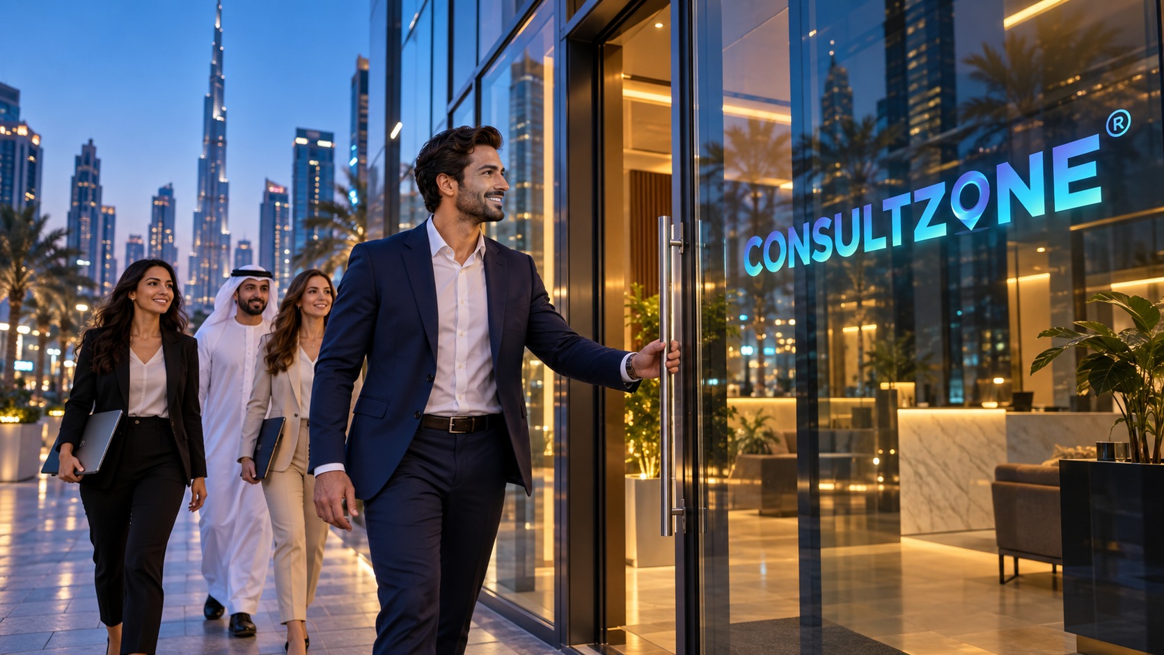 Colleagues walking through the open glass door of a lit office at dusk, towers behind