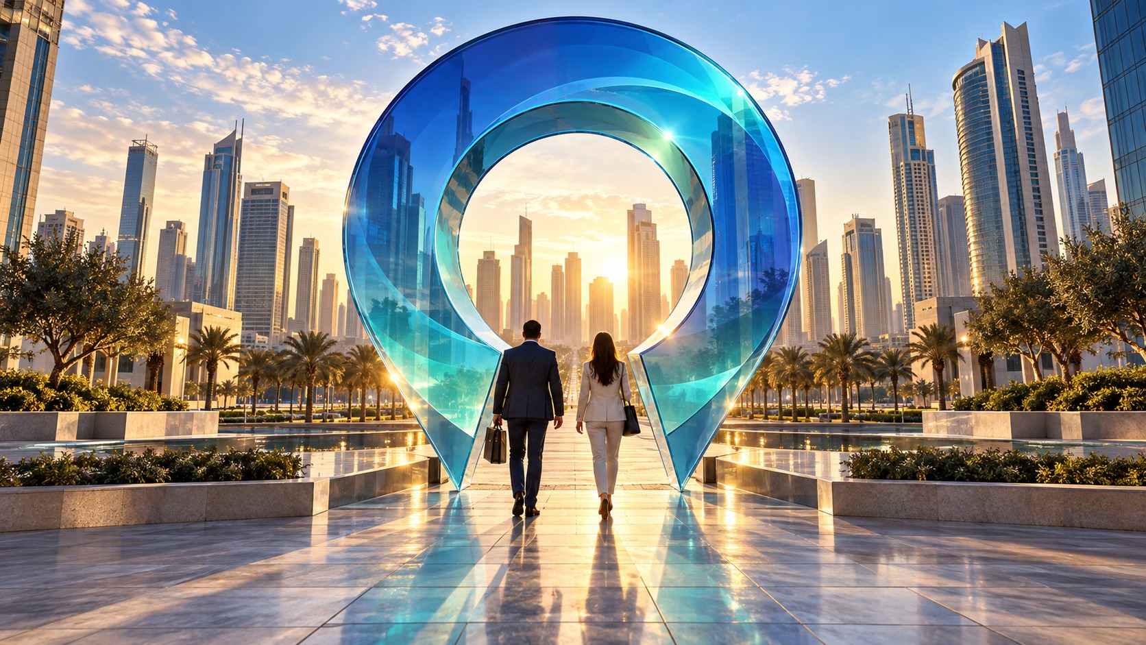 Two people walking toward sunrise through a tall blue pin-shaped sculpture on a palm-lined plaza