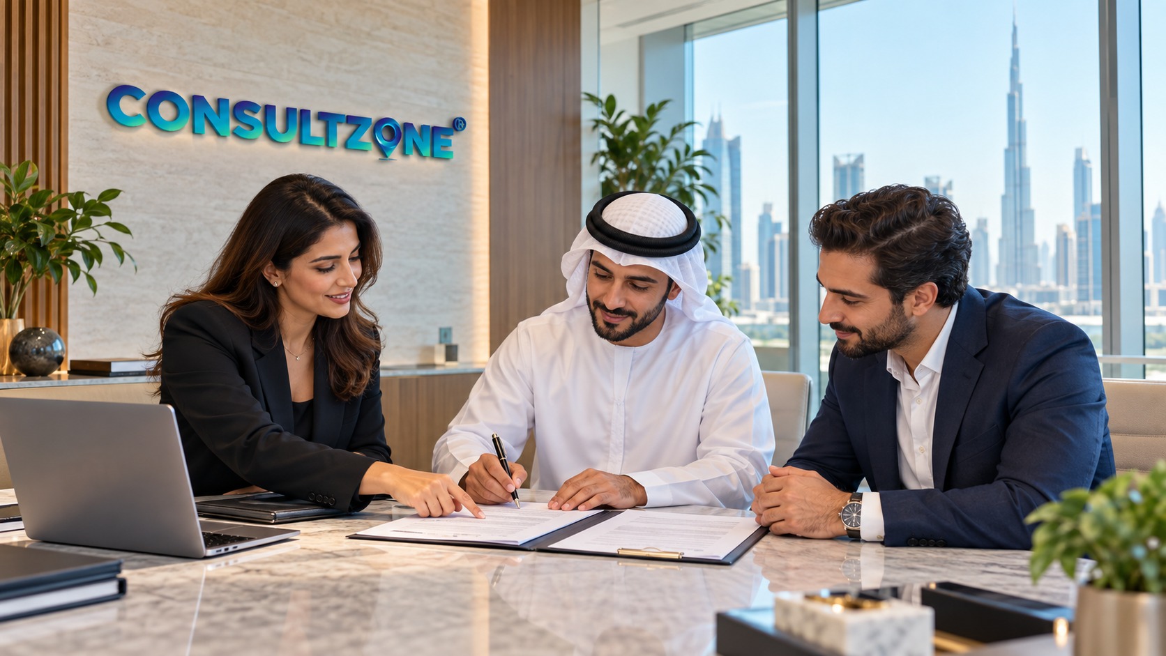 An Emirati client signing a document at a marble table while two advisers look on