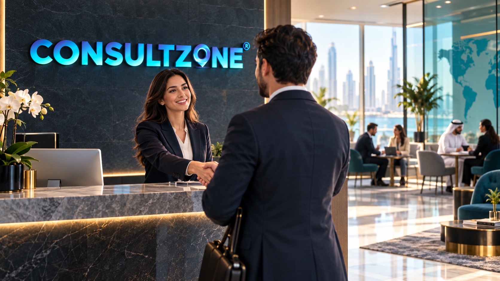A visitor carrying a briefcase shakes hands with a front-desk adviser across a dark marble counter