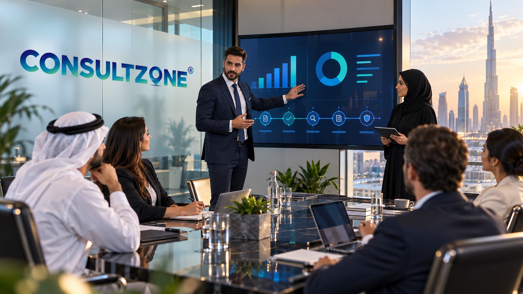 A presenter explaining charts on a wall screen to seated clients in a bright boardroom