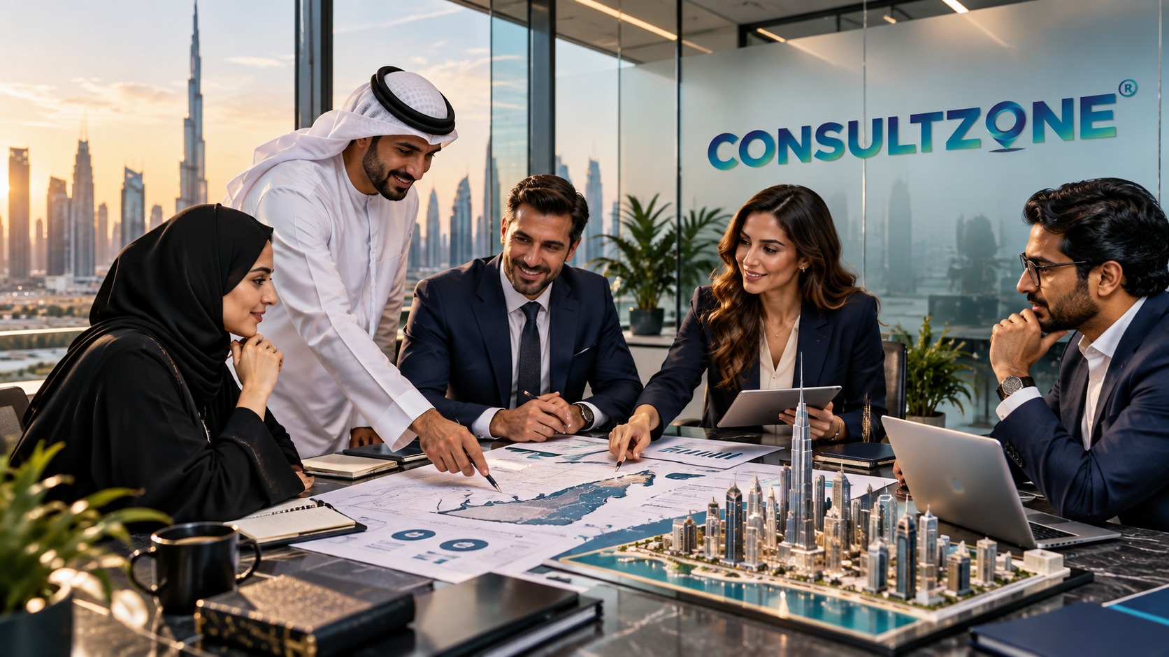 Five colleagues leaning over printed charts and a silver city model at a boardroom table at sunset