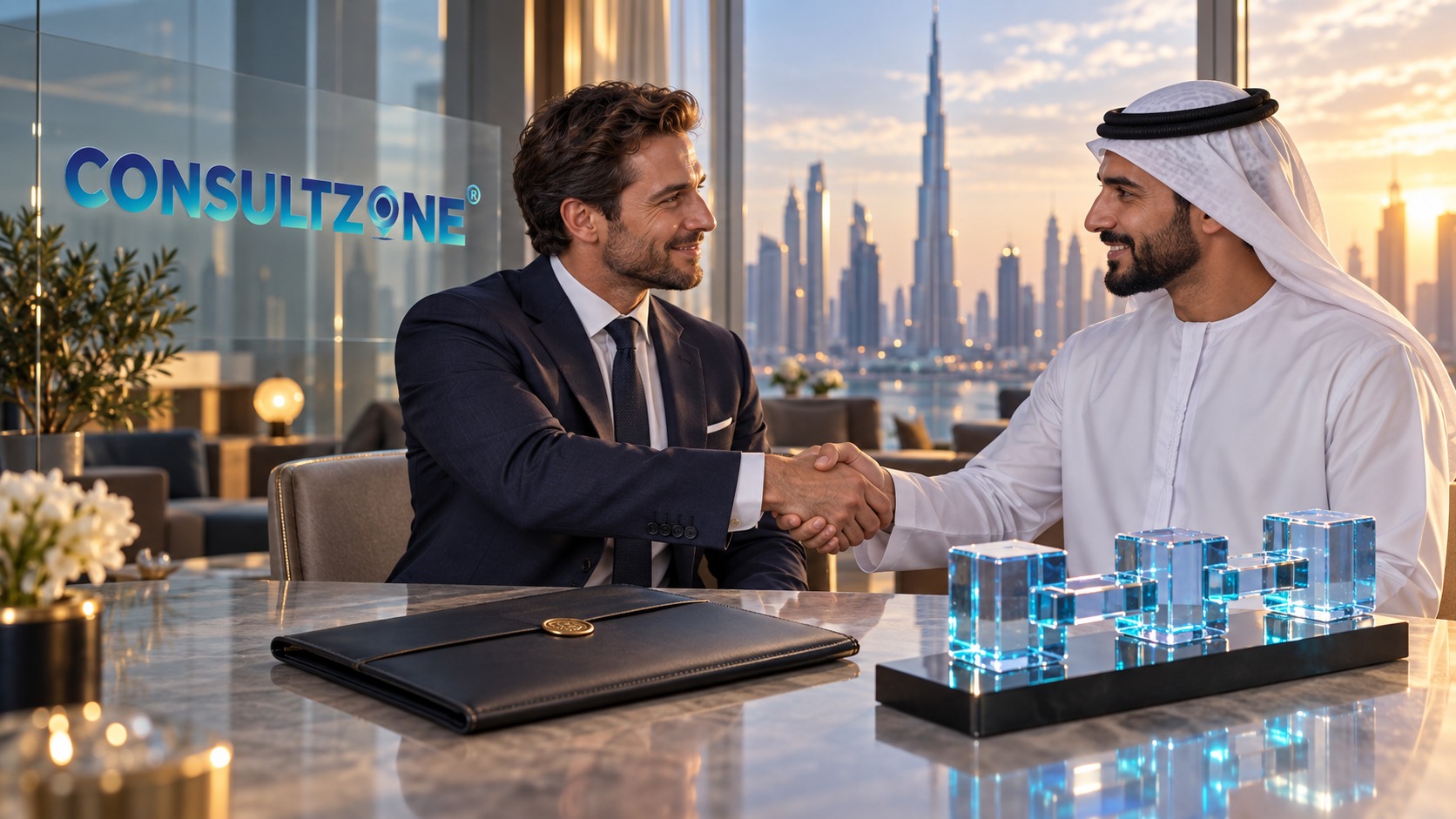 Two men shaking hands over a marble table of glowing token blocks, Dubai skyline at sunset
