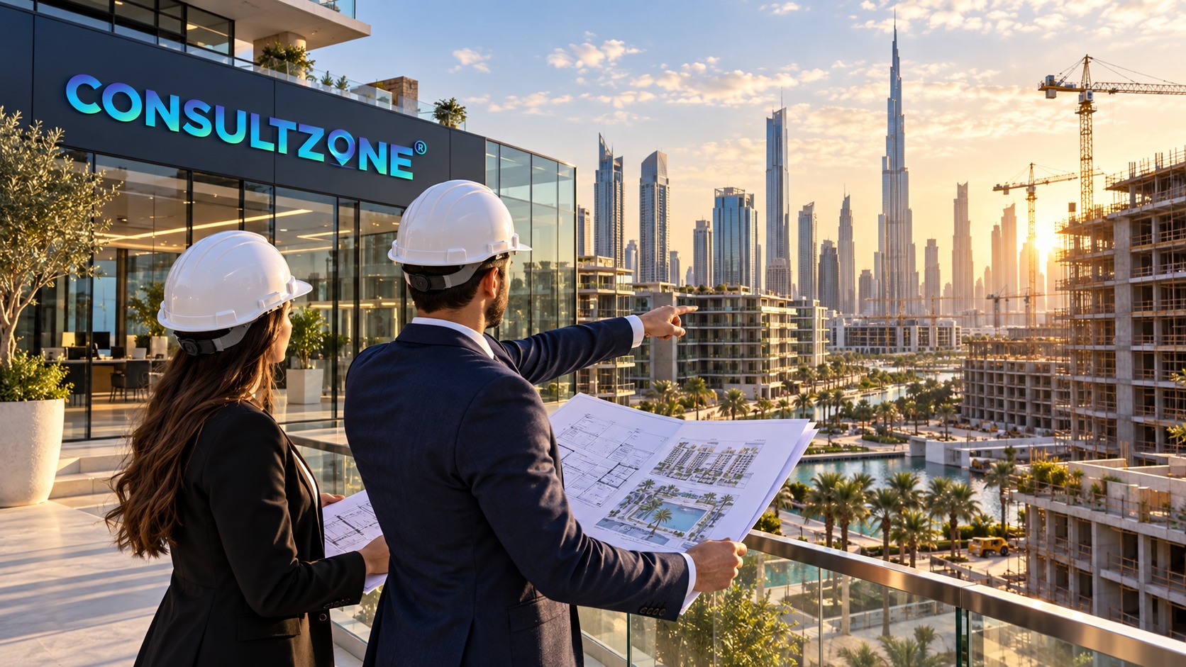 Two advisers in hard hats reading a site plan beside a tower under construction