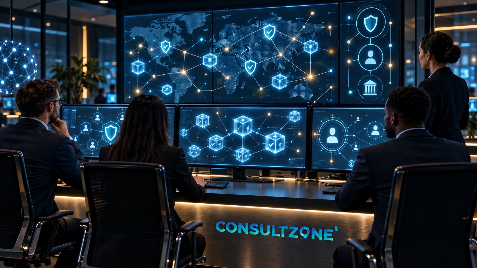 A team watching a video wall of world network maps, shield and bank icons glowing blue
