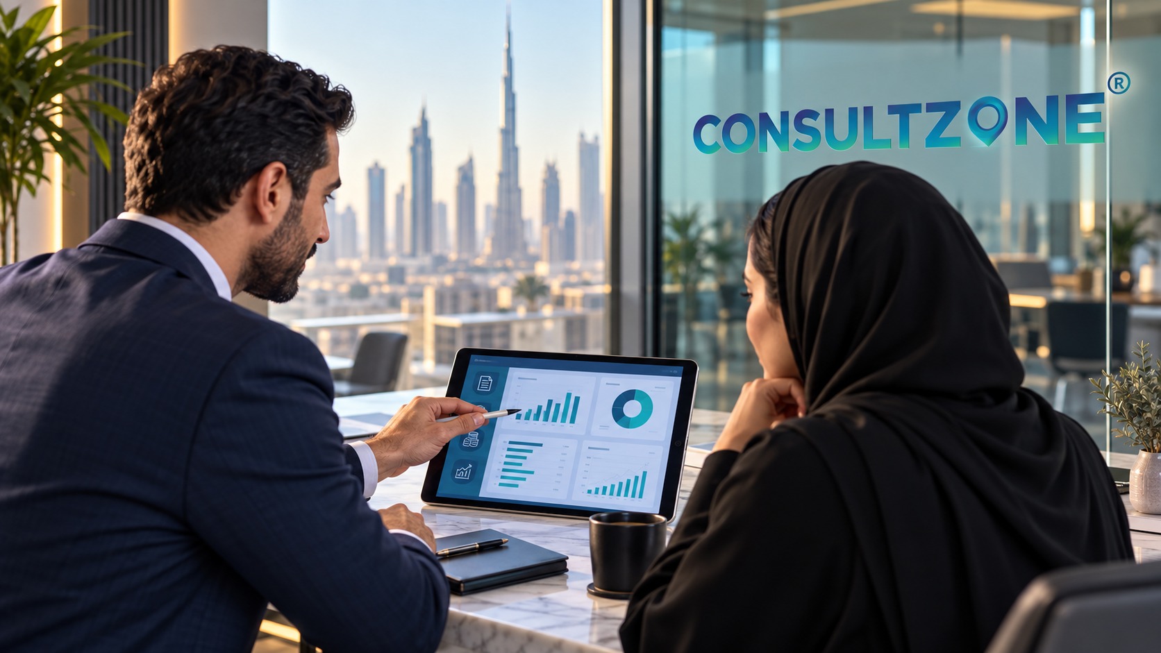 An adviser pointing at a tablet dashboard beside a client in an abaya, skyline behind