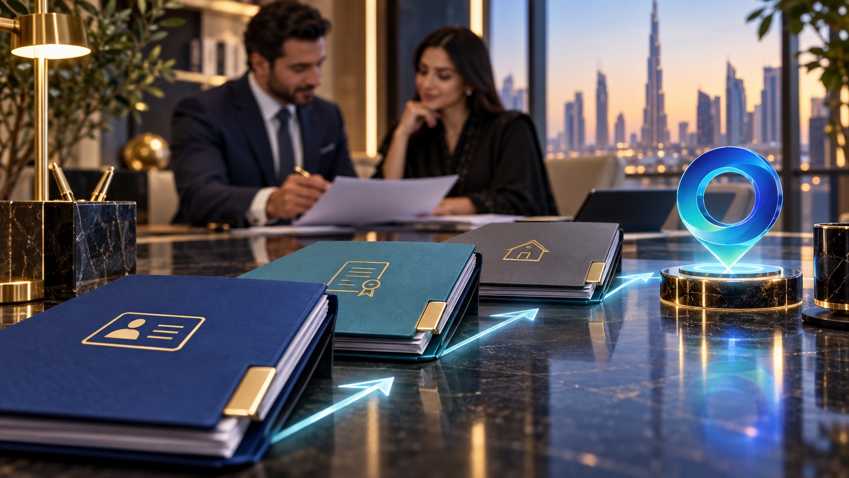 Three navy document folders standing in a row on a dark table, lit by cyan light lines